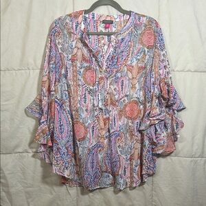 Vince Camuto Pink, Blue & Silver Paisley Blouse